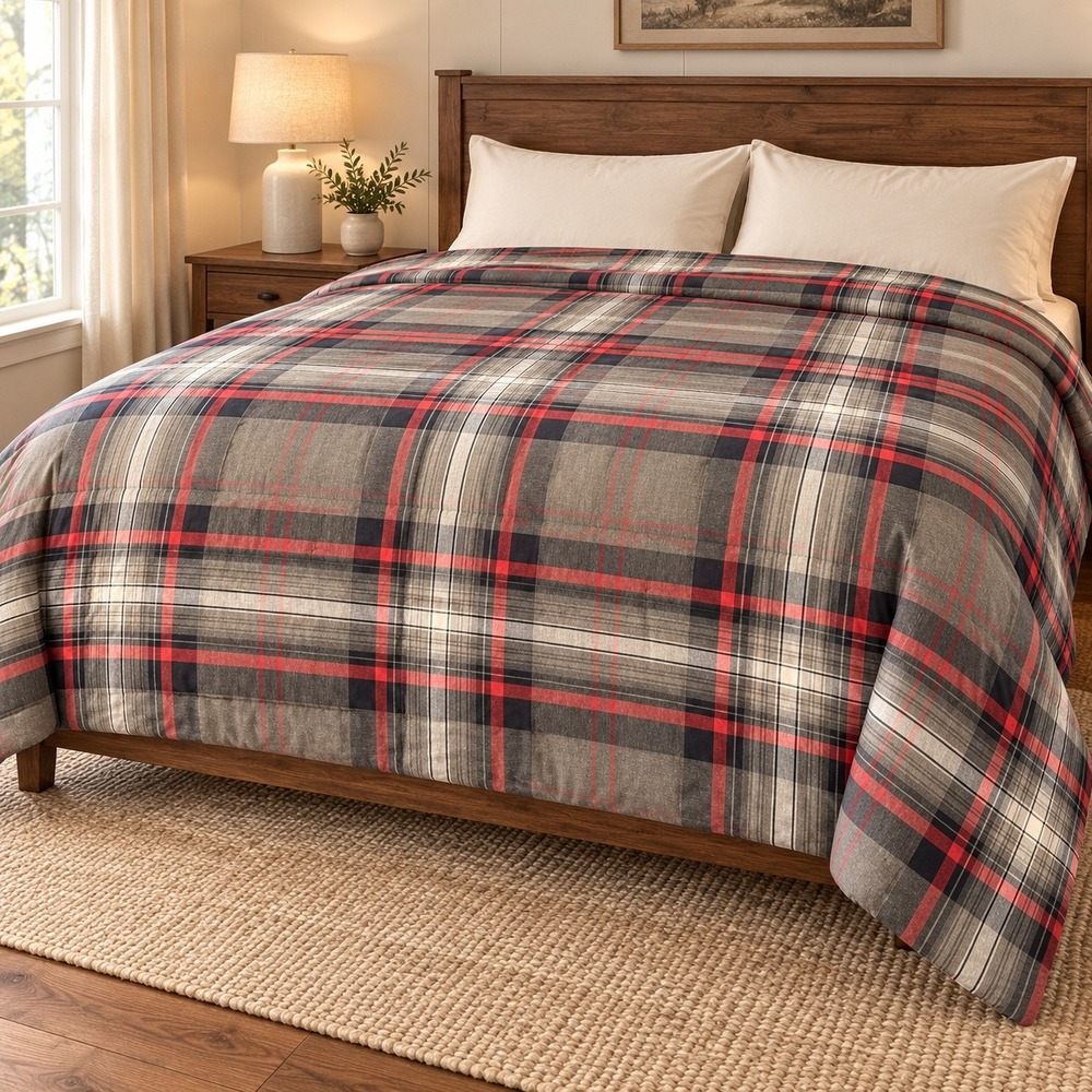 Ralph Lauren Plaid Comforter Cotton King Grey Red Navy Blue Preppy Cabin Bedding